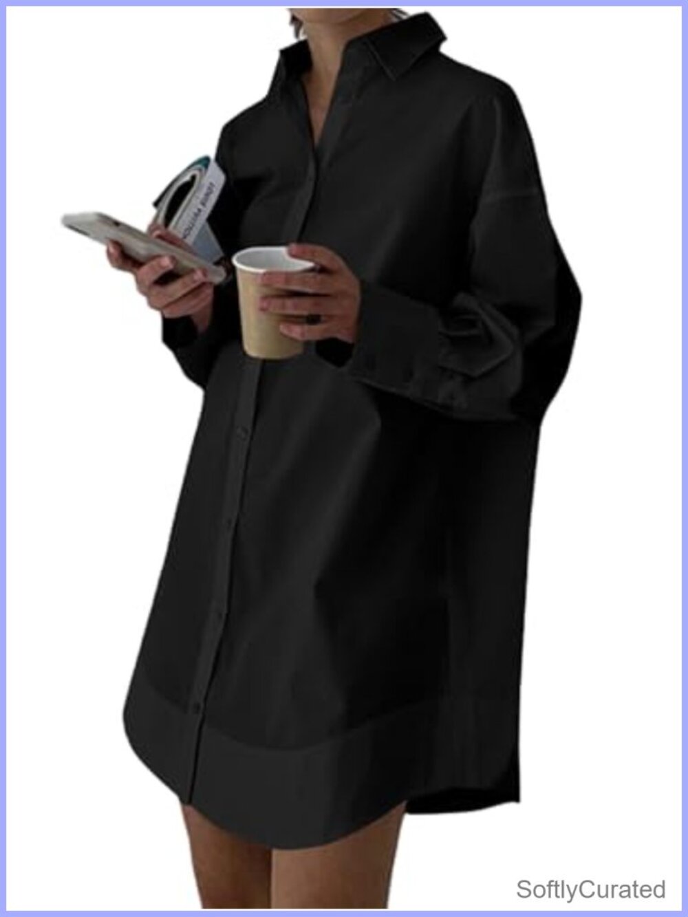 V Neck Long Sleeve Button Down Mini Shirt Dress Loose Fit Casual